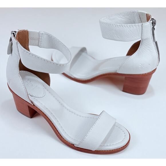 Frye BRIELLE Back Zip Ankle Block Heel Leather Sandals in White 9 M NWOB $349 - Picture 8 of 15